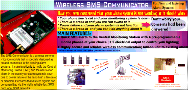 Wireless SMS Communicator (First in the market). Please call 04-4906358
for more detail.