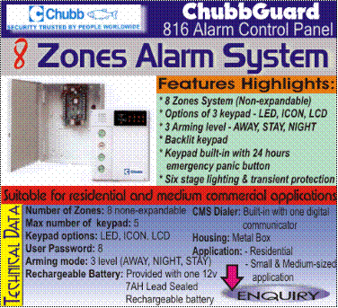 ChubbGuard 816 Alarm Control Panel & 8 Zones Alarm System. Call
us at 04-4906358 tday for more detail. Kulim Typewriters - your 1 stop o.a. Centre