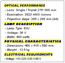 Text Box: OPTICAL PERFORMANCE
.- Lens: Single / Triplet 275~300 mm
 - Illumination: 3520 ANSI lumens
 - Projection stage: 285 x 285 mm (A4)
LAMP DESCRIPTION
 - Lamp Type: EHJ
 - Voltage: 36 V
 - Watts: 400 watts
PHYSICAL CHARACTERISTICS
 - Dimensions: 460 x 415 x 590 mm
 - Weight : 13.5 kg
ELECTRICAL REQUIREMENTS
- Voltage: 110 / 220 / 230 / 240 V
