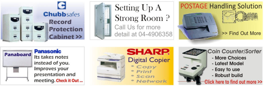 Chubb RPF, Strong Room Door, Sharp Digital Copier, Panasonic Panaboard, Pitney Bowe Postage Handling System, Kazumi Coin Counter