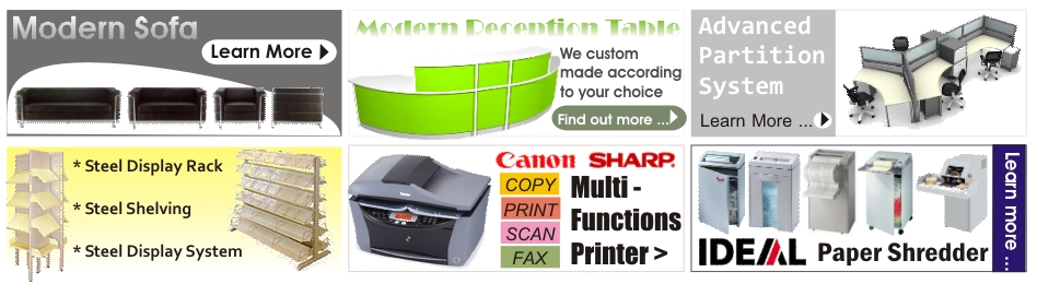 Milan Sofa, Custom Made Reception Desk, office Partition System, Stell Display Rack, Canon Sharp Multi-Functions Printer, IDEAL Paper Shredder