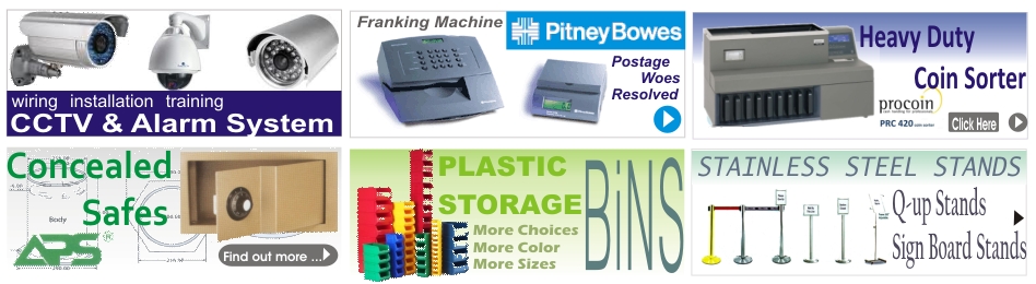 Ad for CCTV, Franking Machine, Coin Sorter, Concealed Safes, Plastic Storage. Stainless Steel Stands