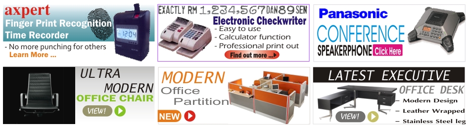 Time Recorder, Modern Office Chair, Latest Executive Desk, Conference Speaker Phone, Checkwriter and office Partition